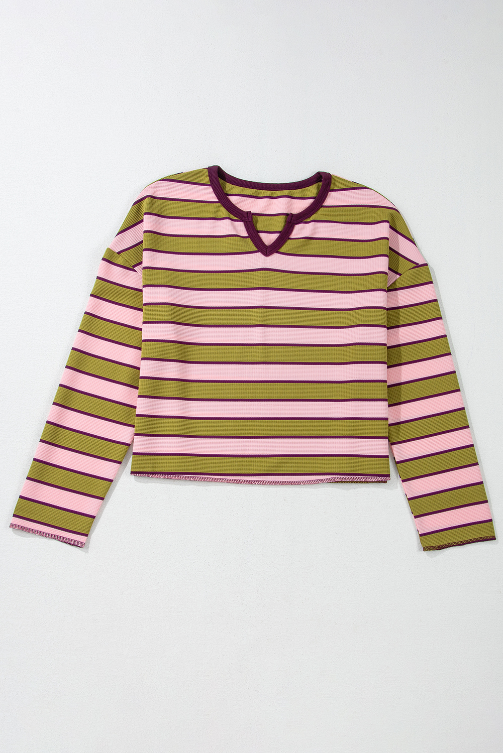Women's Top, Spinach Green, Striped Pattern, Waffle Texture, Long Sleeve, Notched Neck, Casual Style, Comfort, Daily Wear, Spring Fashion, Trendy Design, Shift Silhouette, Elevated Style, Tops, Long Sleeve Tops - Detail View 8 Women's Top, Spinach Green, Striped Pattern, Waffle Texture, Long Sleeve, Notched Neck, Casual Style, Comfort, Daily Wear, Spring Fashion, Trendy Design, Shift Silhouette, Elevated Style, Tops, Long Sleeve Tops - Detail View 8