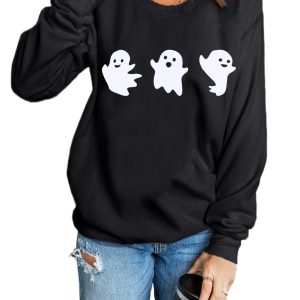 Women's Black Halloween Ghosts Print Round Neck Sweatshirt - Main View