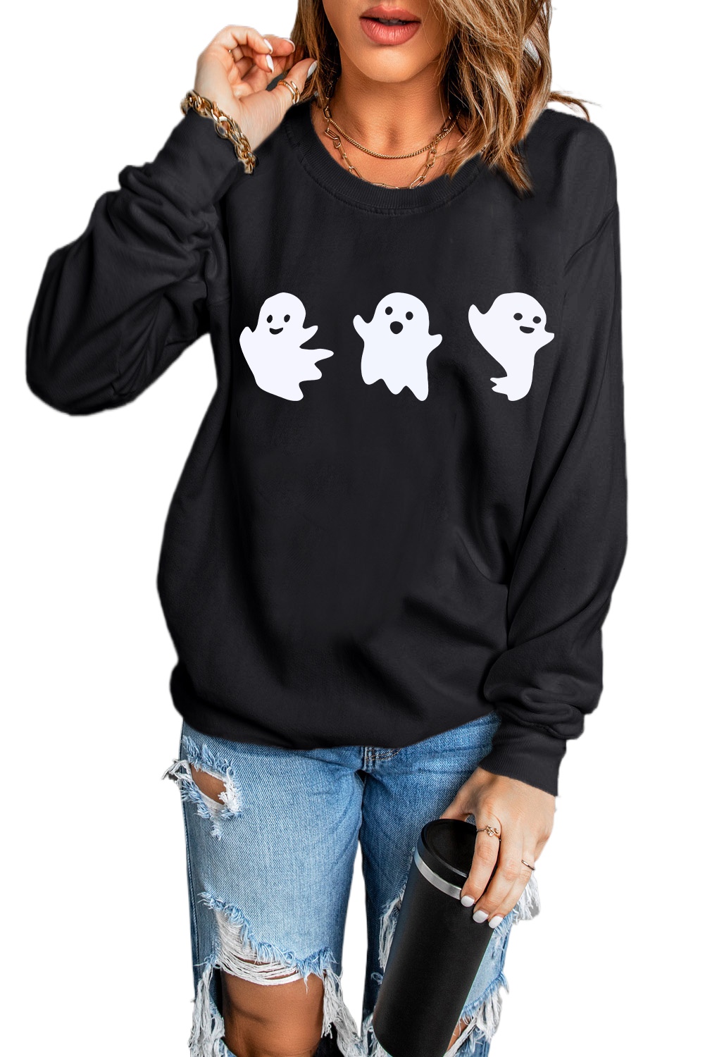 Women's Black Halloween Ghosts Print Round Neck Sweatshirt - Main View Women's Black Halloween Ghosts Print Round Neck Sweatshirt - Main View