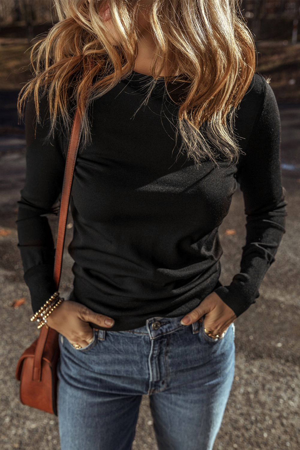 Chic and Comfortable Long Sleeve Crew Neck Sweater - Slim Fit Design in Classic Black - Detail View 6 Chic and Comfortable Long Sleeve Crew Neck Sweater - Slim Fit Design in Classic Black - Detail View 6