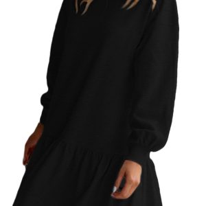 Women's Black Mini Dress, Long Sleeve Ruffle Hem Casual - Main View