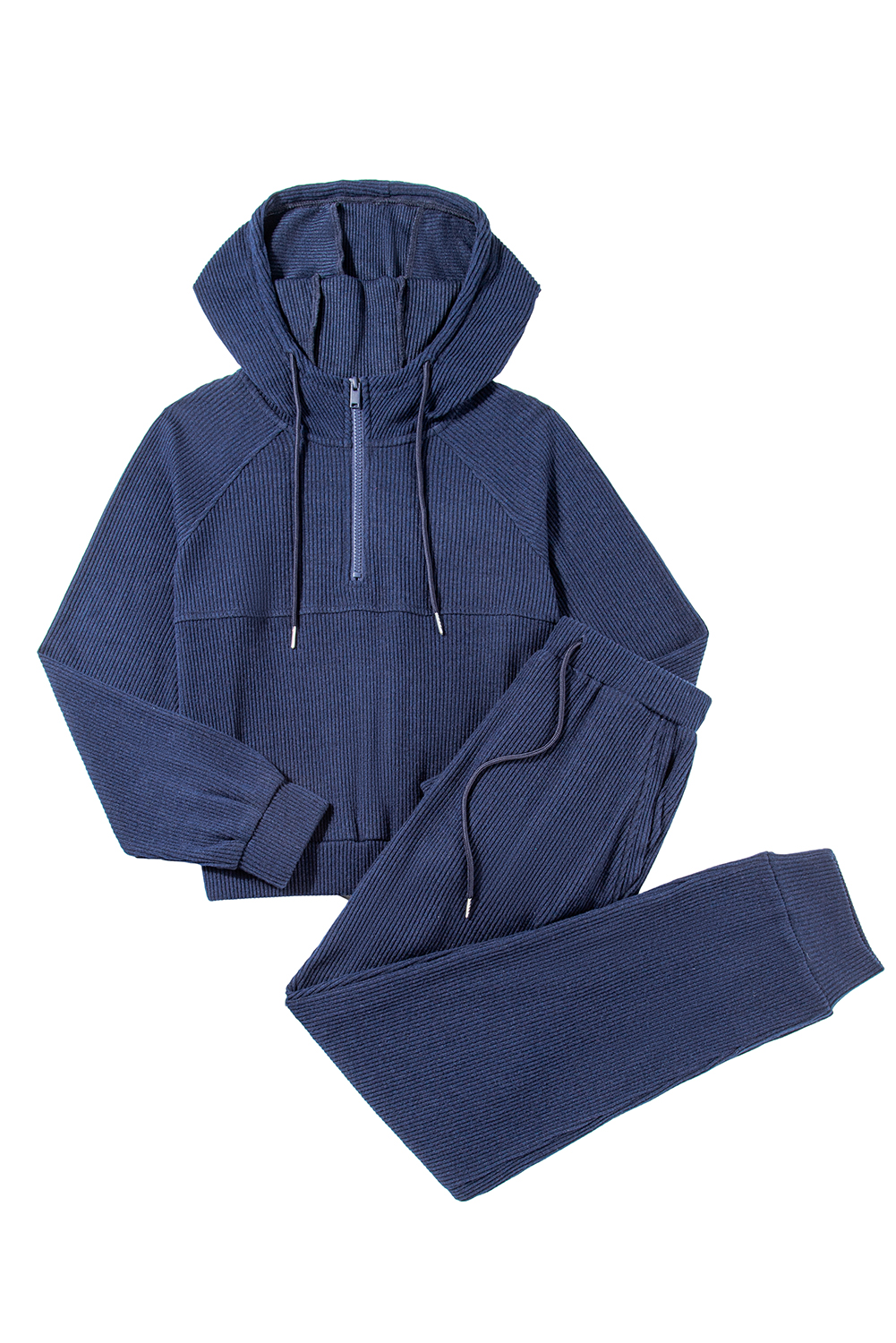 Women's Navy Blue Ribbed Knit Cropped Hoodie and Joggers Set - Detail View 26 Women's Navy Blue Ribbed Knit Cropped Hoodie and Joggers Set - Detail View 26