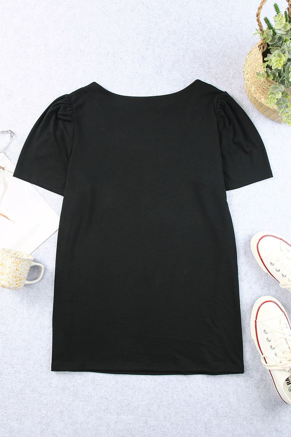 Women's Plus Size Square Neck Top, Black Puff Sleeve Blouse - Detail View 13 Women's Plus Size Square Neck Top, Black Puff Sleeve Blouse - Detail View 13