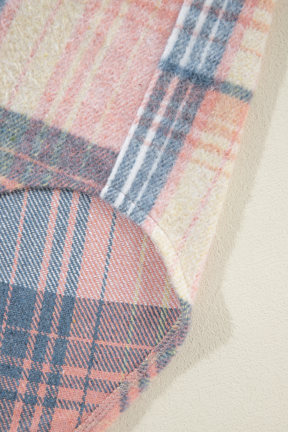 Women's Light Pink Plaid Shacket, Corduroy Patchwork Shirt - Detail View 19 Women's Light Pink Plaid Shacket, Corduroy Patchwork Shirt - Detail View 19
