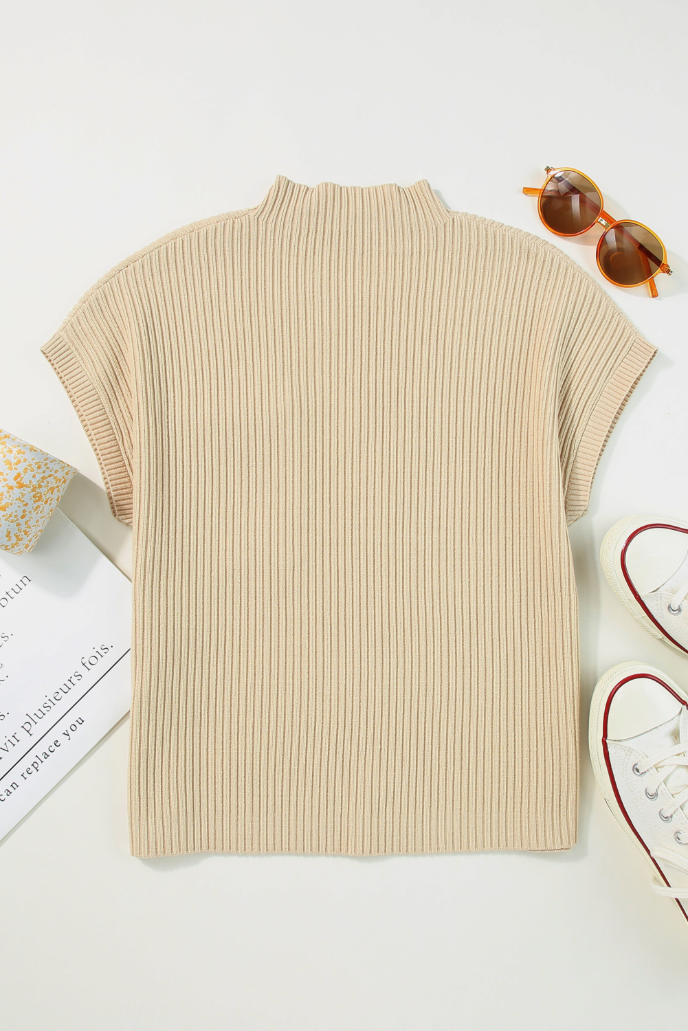 Oatmeal Ribbed Knit Top, Women's Short Sleeve Casual Sweater - Detail View 9 Oatmeal Ribbed Knit Top, Women's Short Sleeve Casual Sweater - Detail View 9