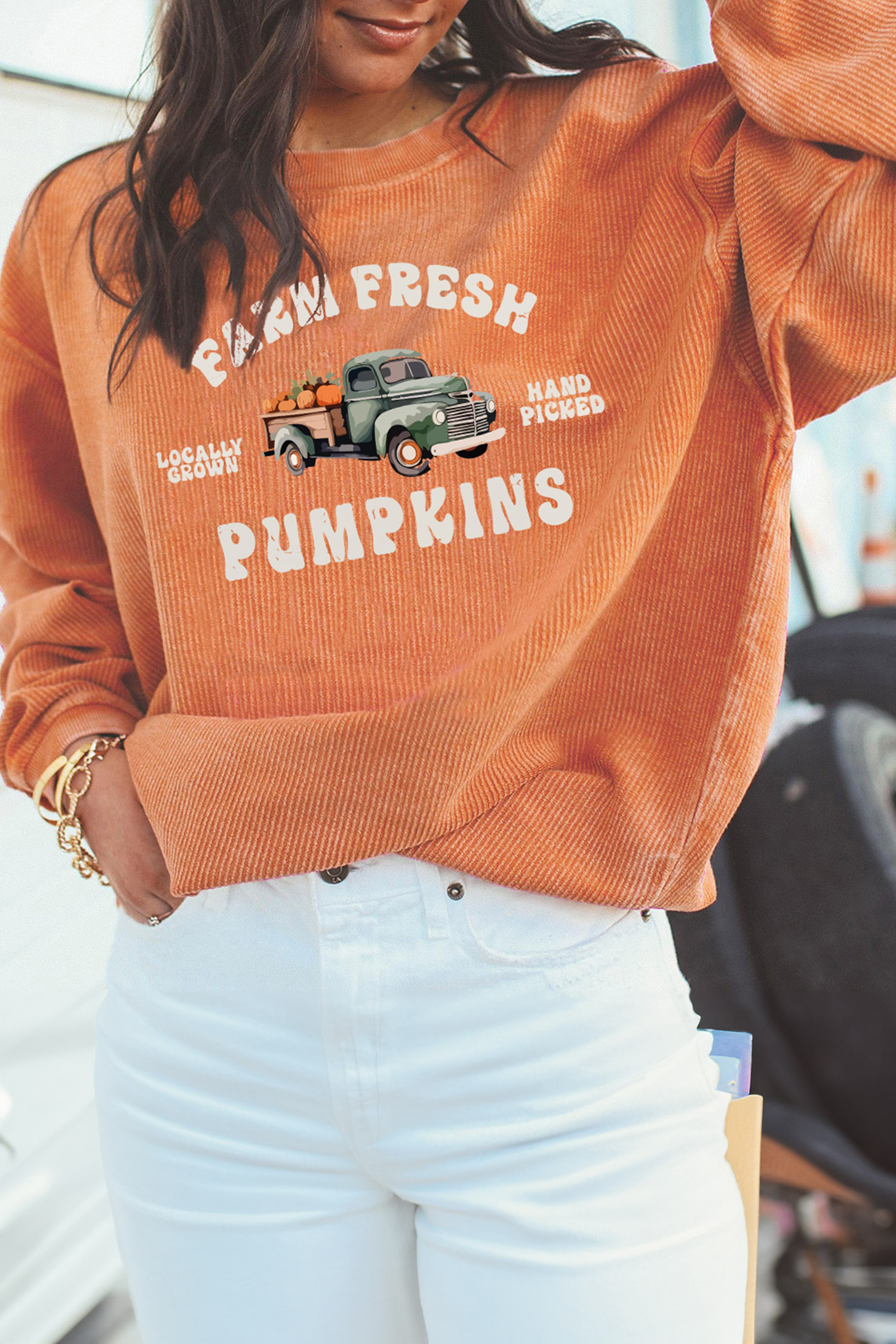 Autumn Graphic Crewneck Sweatshirt, Soft Ribbed Daily Pullover - Detail View 3 Autumn Graphic Crewneck Sweatshirt, Soft Ribbed Daily Pullover - Detail View 3