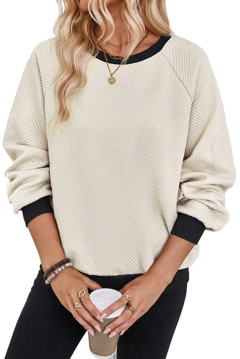 Women's Jet Stream Color Block Edge Raglan Sleeve Crew Neck Textured Top - Main View Women's Jet Stream Color Block Edge Raglan Sleeve Crew Neck Textured Top - Main View