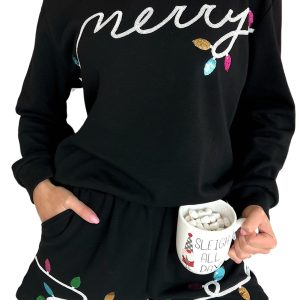 Women's Black Sequin Merry Graphic Pullover and Shorts Outfit - Main View