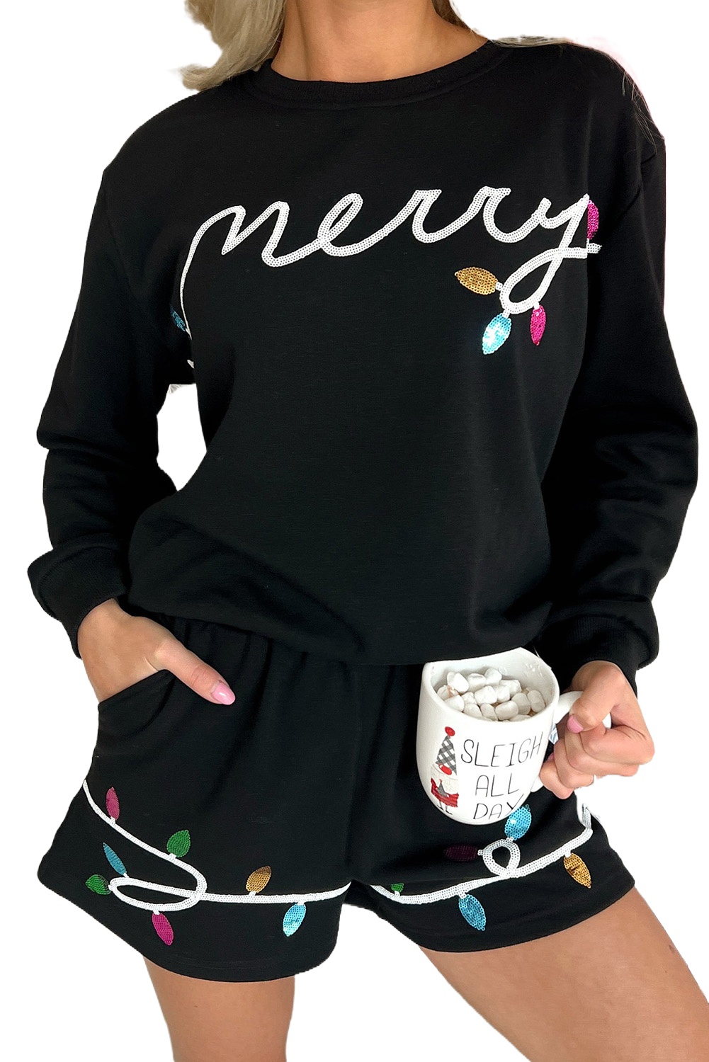 Women's Black Sequin Merry Graphic Pullover and Shorts Outfit - Main View Women's Black Sequin Merry Graphic Pullover and Shorts Outfit - Main View