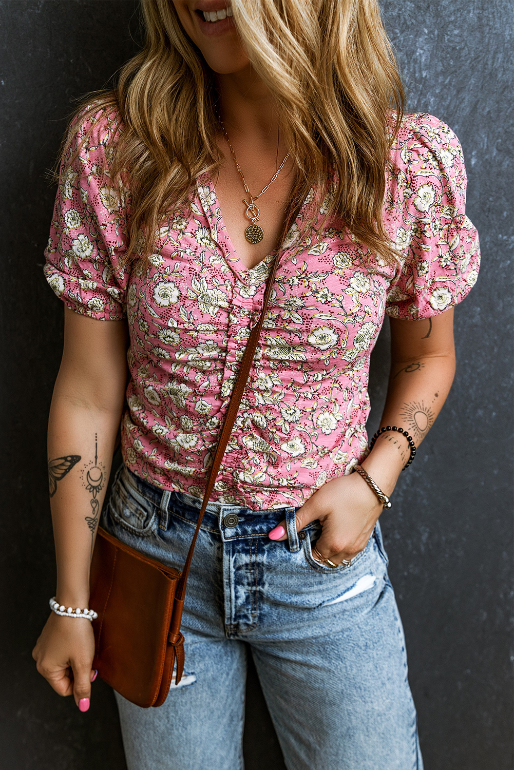 Casual Pink Floral Top, Women's Puff Sleeve Ruched Blouse - Detail View 6 Casual Pink Floral Top, Women's Puff Sleeve Ruched Blouse - Detail View 6