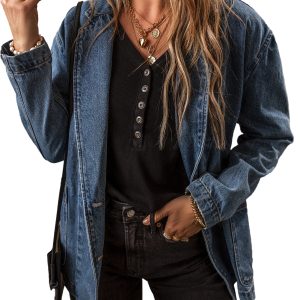 Women's Chic Sail Blue Lapel Collar Denim Jacket with Side Pockets - Main View
