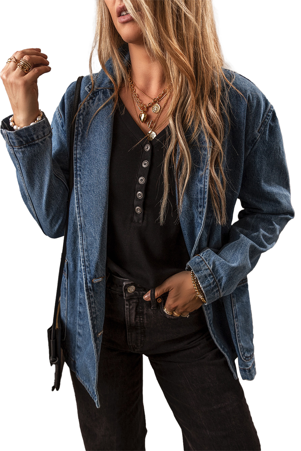 Women's Chic Sail Blue Lapel Collar Denim Jacket with Side Pockets - Main View Women's Chic Sail Blue Lapel Collar Denim Jacket with Side Pockets - Main View
