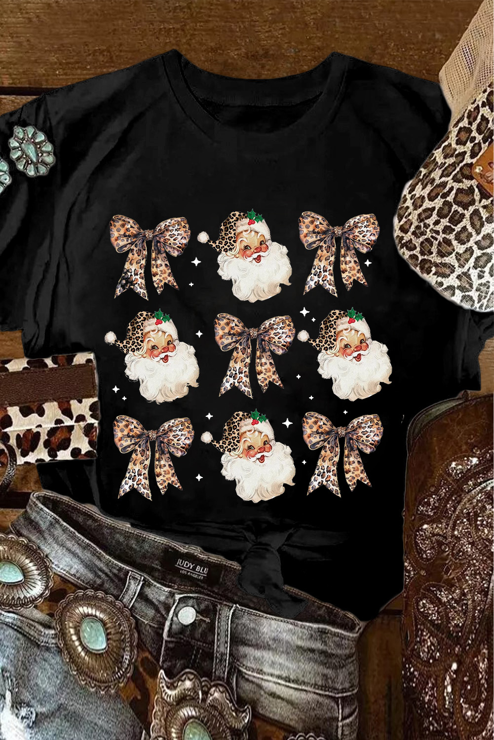 Santa's Little Helper: Fun and Festive Graphics T-Shirt - Leopard Print and Bow - Detail View 2 Santa's Little Helper: Fun and Festive Graphics T-Shirt - Leopard Print and Bow - Detail View 2