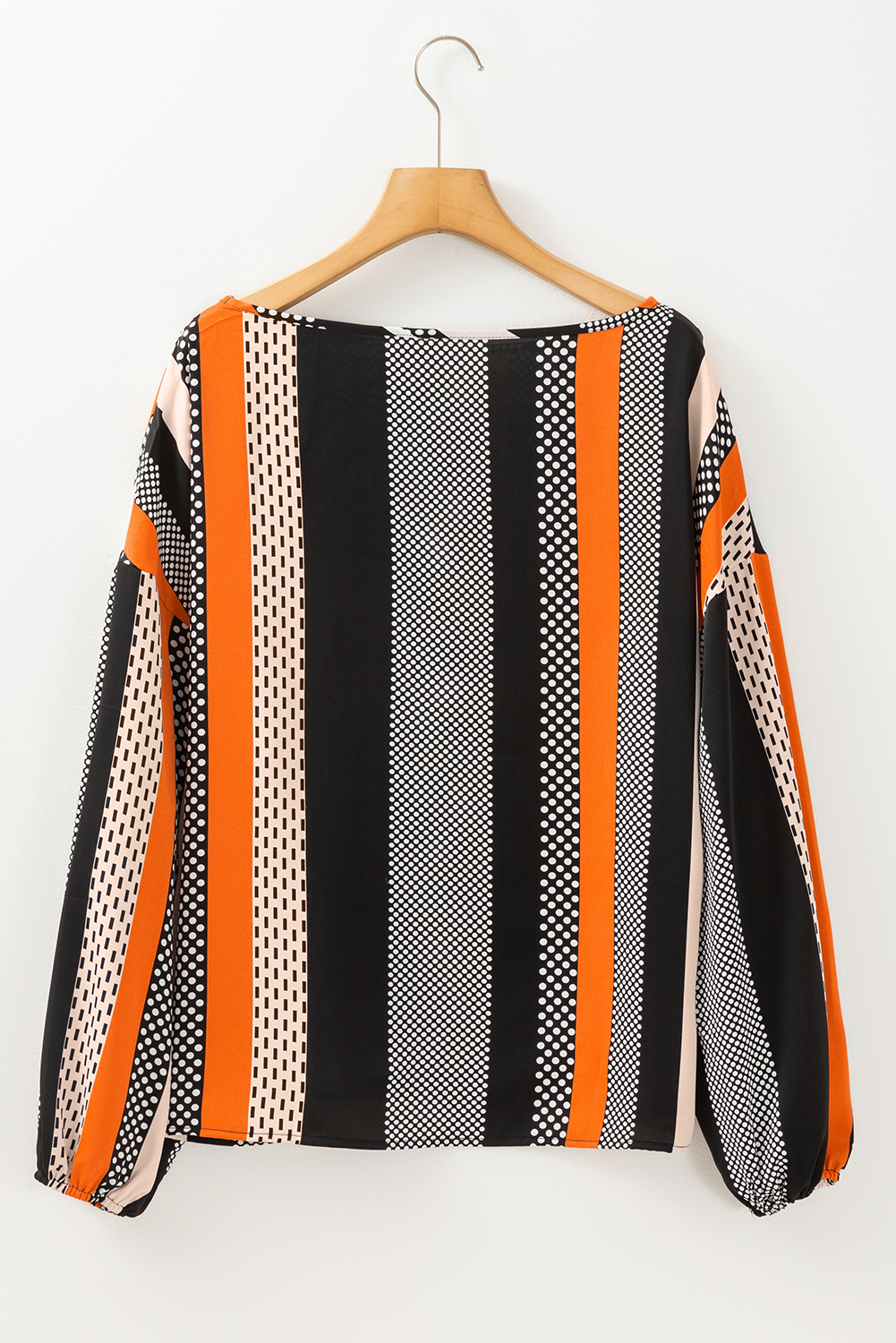 Women's Orange Polka Dot and Vertical Striped Puff Sleeve Blouse - Elegant Casual Top - Detail View 9 Women's Orange Polka Dot and Vertical Striped Puff Sleeve Blouse - Elegant Casual Top - Detail View 9