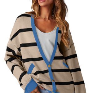 Women's Relaxed Fit White Colorblock Drop Shoulder Button Cardigan - Main View