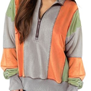 Women's Light Grey Color Block Stitching Detail Half Zipper Sweatshirt - Main View