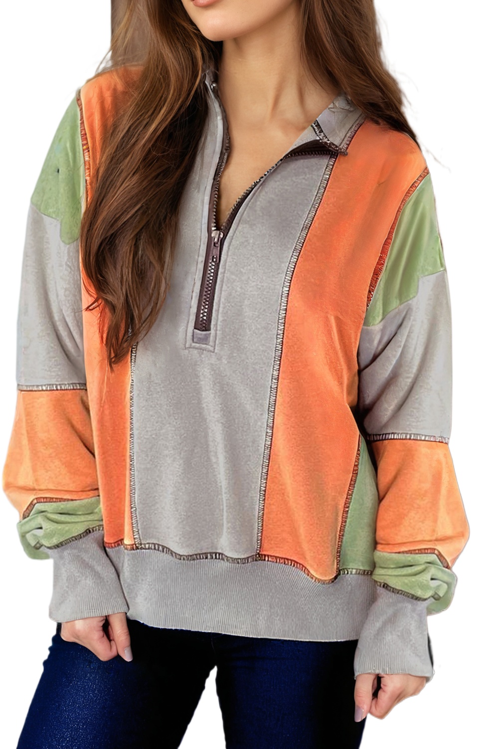 Women's Light Grey Color Block Stitching Detail Half Zipper Sweatshirt - Main View Women's Light Grey Color Block Stitching Detail Half Zipper Sweatshirt - Main View