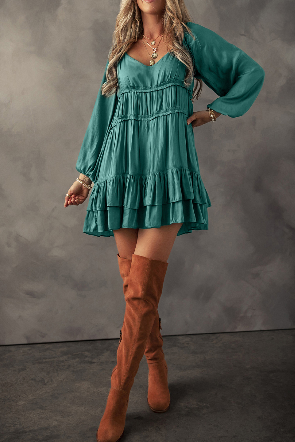 Flirty Mist Green Mini Dress with Tiered Ruffles and Puff Sleeves - Detail View 6 Flirty Mist Green Mini Dress with Tiered Ruffles and Puff Sleeves - Detail View 6