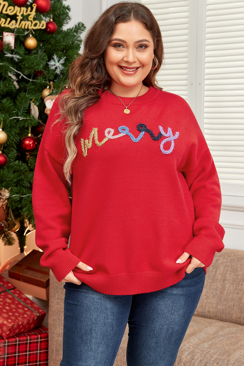 Cozy Fiery Red Plus Size Sweater - Perfect for Christmas and Winter Celebrations - Detail View 3 Cozy Fiery Red Plus Size Sweater - Perfect for Christmas and Winter Celebrations - Detail View 3