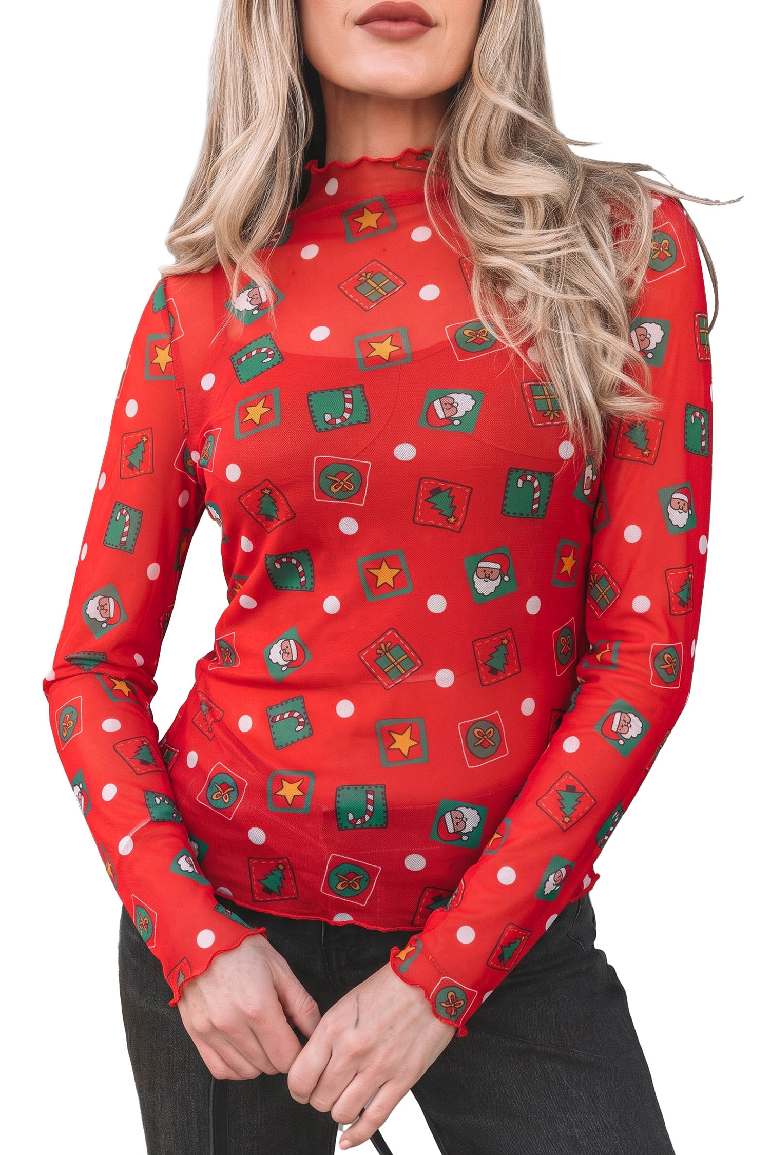 Women's Christmas Mesh Top, Casual Stand Neck Tee - Main View Women's Christmas Mesh Top, Casual Stand Neck Tee - Main View