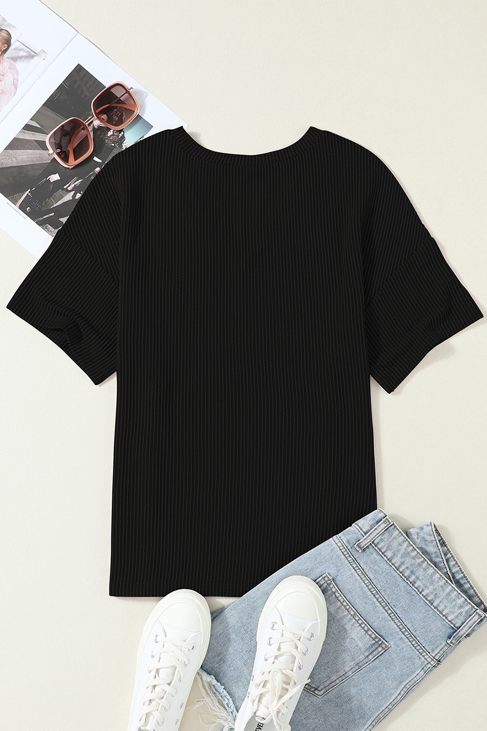 Women's Black V Neck T-Shirt, Casual Loose Pocket Short Sleeve - Detail View 7 Women's Black V Neck T-Shirt, Casual Loose Pocket Short Sleeve - Detail View 7