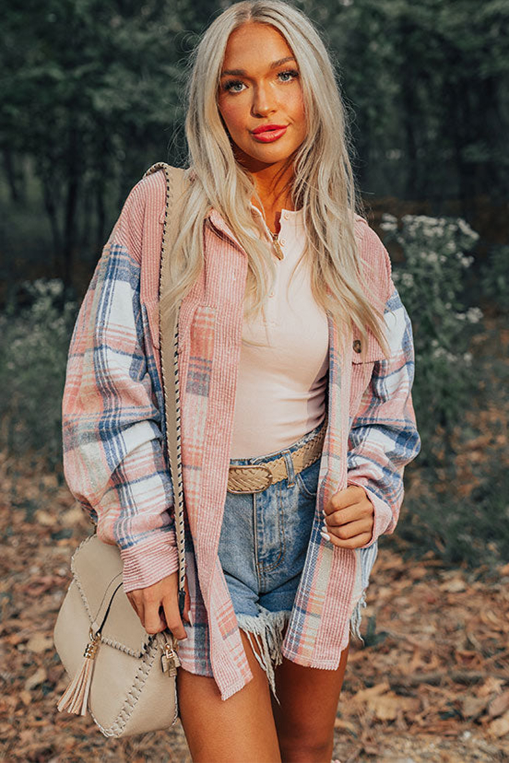 Stylish Women's Plaid Shacket, Long Sleeve Corduroy Jacket - Detail View 12 Stylish Women's Plaid Shacket, Long Sleeve Corduroy Jacket - Detail View 12