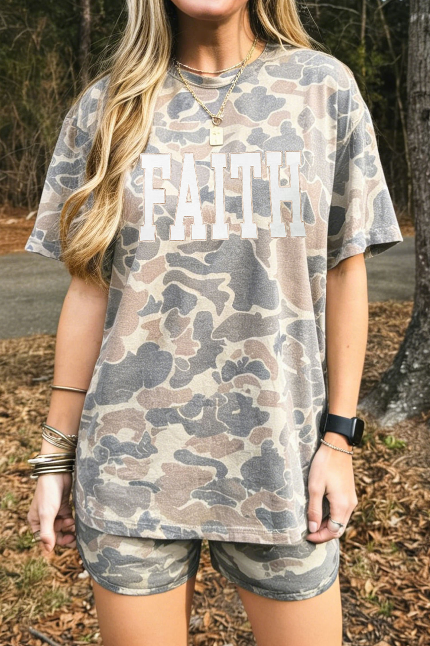 Women's Relaxed Loungewear Set, Comfy Camo Faith Tee - Detail View 6 Women's Relaxed Loungewear Set, Comfy Camo Faith Tee - Detail View 6