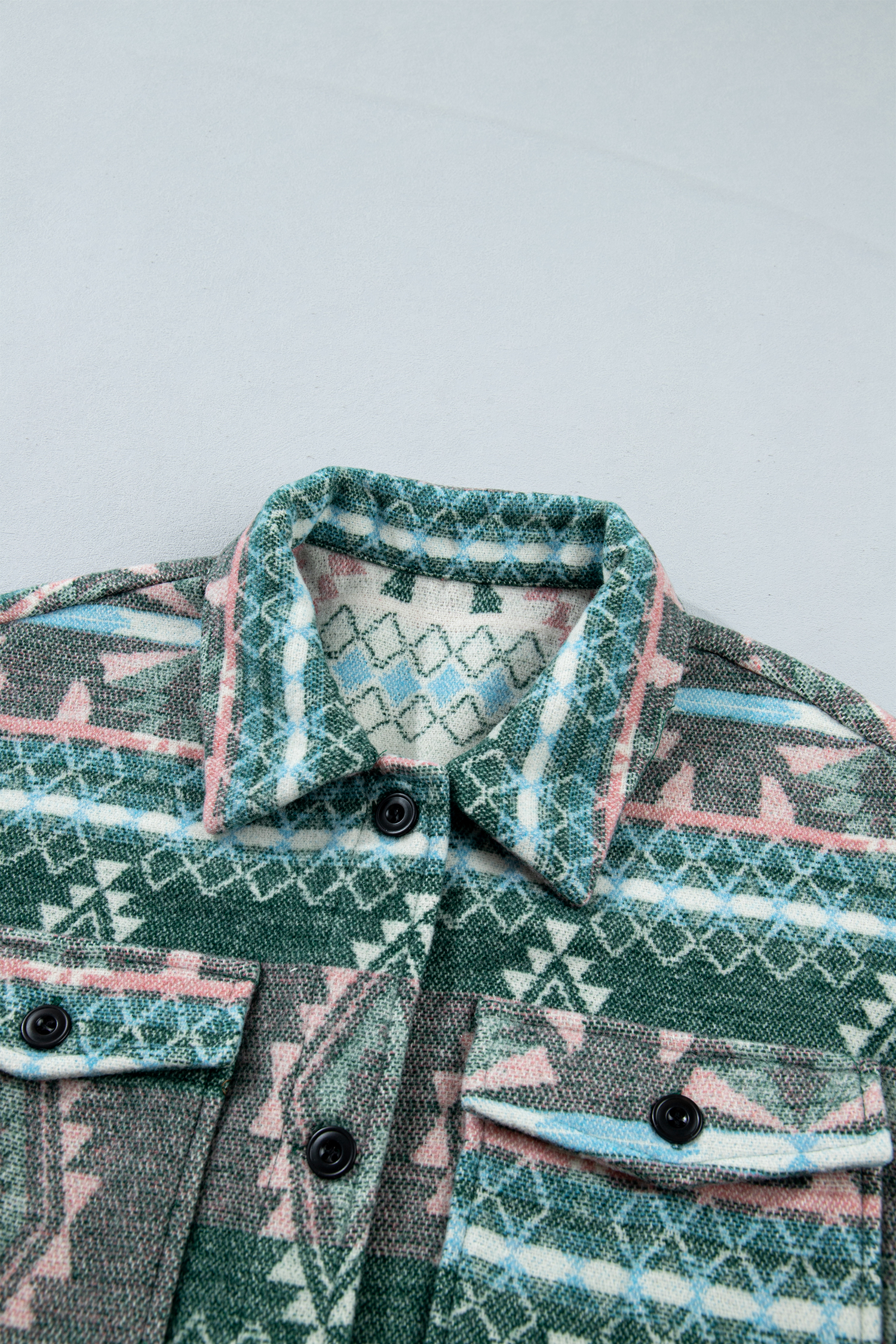 Women's Cozy Winter Shacket, Green Aztec Long Sleeve Jacket - Detail View 9 Women's Cozy Winter Shacket, Green Aztec Long Sleeve Jacket - Detail View 9