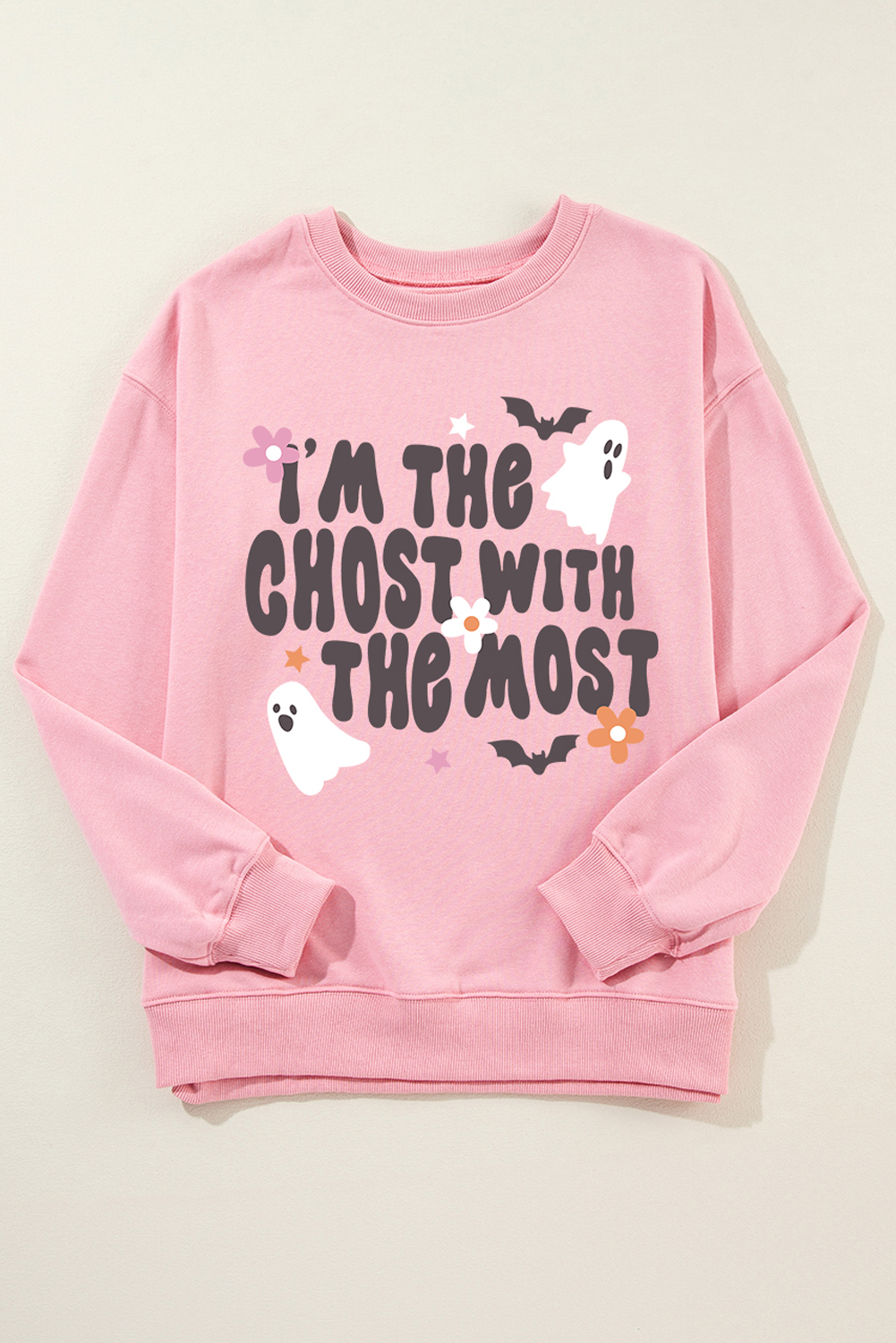 Get ready for a spook-tacular Halloween with this Women's Cozy Pink Halloween Slogan Ghost Bat Graphic Drop Shoulder Sweatshirt. The fun and eerie slogan and ghost graphic add a playful touch, while the drop shoulders and crew neck ensure a comfortable fit for everyday wear. Made from a soft blend of 50% polyester and 50% cotton, this sweatshirt is designed to keep you cozy and warm all autumn long. Pair it with leggings or jeans for a stylish and comfortable outfit, perfect for Halloween parties, autumn nights, or just lounging around. This graphic sweatshirt is a must-have for your Halloween wardrobe, offering both fashion and comfort. - Detail View 9 Get ready for a spook-tacular Halloween with this Women's Cozy Pink Halloween Slogan Ghost Bat Graphic Drop Shoulder Sweatshirt. The fun and eerie slogan and ghost graphic add a playful touch, while the drop shoulders and crew neck ensure a comfortable fit for everyday wear. Made from a soft blend of 50% polyester and 50% cotton, this sweatshirt is designed to keep you cozy and warm all autumn long. Pair it with leggings or jeans for a stylish and comfortable outfit, perfect for Halloween parties, autumn nights, or just lounging around. This graphic sweatshirt is a must-have for your Halloween wardrobe, offering both fashion and comfort. - Detail View 9