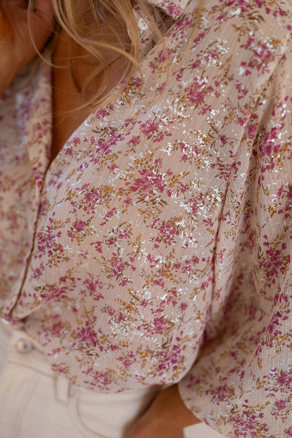 Chic Long Sleeve Pink Floral Shirt - Elegant Bishop Sleeves - Detail View 12 Chic Long Sleeve Pink Floral Shirt - Elegant Bishop Sleeves - Detail View 12