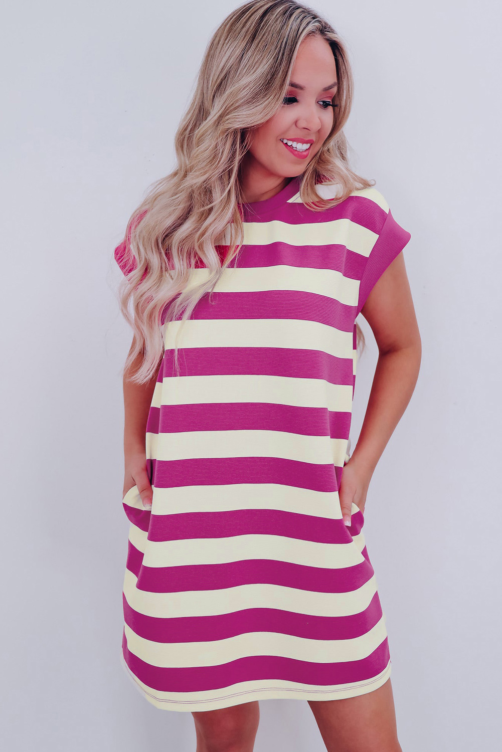 Women's Rose Stripe Cap Sleeve Shift T-shirt Dress with Pockets - Detail View 6 Women's Rose Stripe Cap Sleeve Shift T-shirt Dress with Pockets - Detail View 6