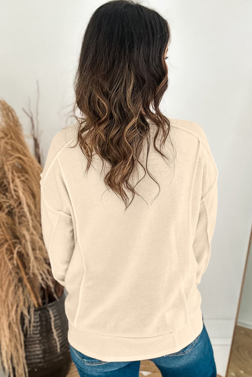 Comfortable and Chic Women's Fall Sweatshirt - Beige Splicing Round Neck Pullover - Detail View 3 Comfortable and Chic Women's Fall Sweatshirt - Beige Splicing Round Neck Pullover - Detail View 3