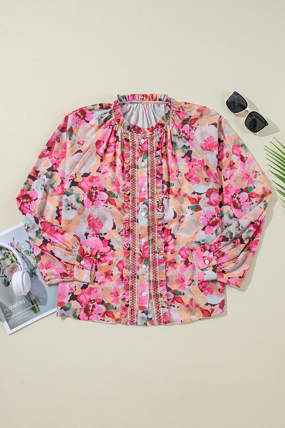Elegant Long Sleeve Shirt: Red Floral Print with Charming Ruffled Accents - Detail View 7 Elegant Long Sleeve Shirt: Red Floral Print with Charming Ruffled Accents - Detail View 7
