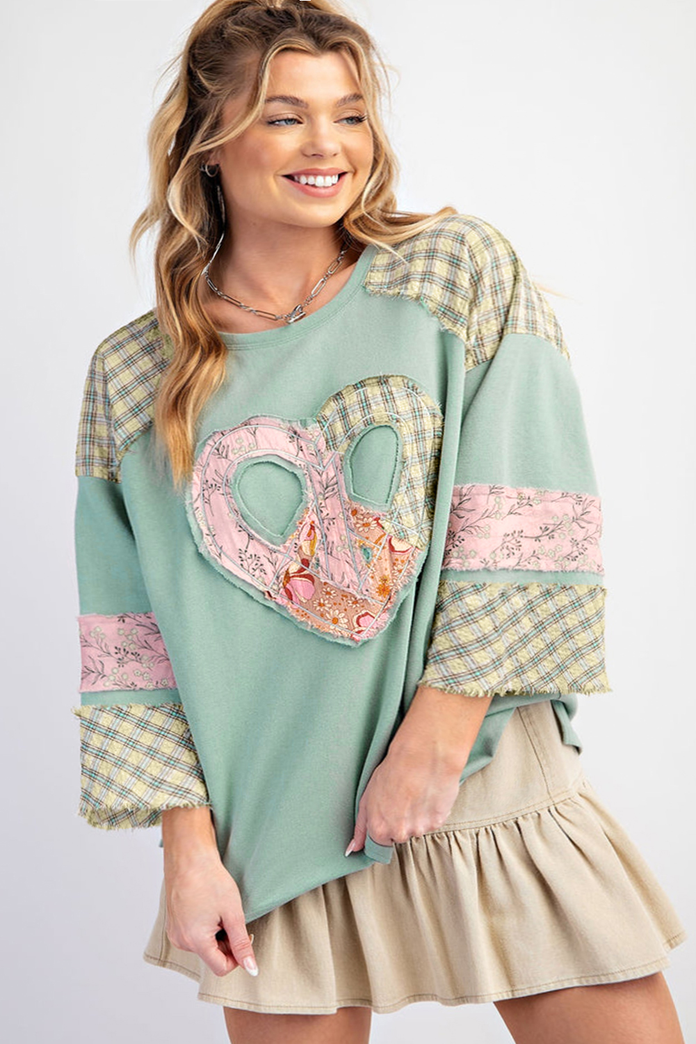 Women's Long Sleeve Top, Clearly Aqua, Plaid, Floral, Peace Sign, Heart Graphic, Casual Wear, Daily Wear, Oversized, Comfortable, Relaxed Fit, Trendy, Layering, Country-Chic, Patchwork, Applique, Autumn, Winter, Fashion, Style, Graphic Tee, Round Neck, Colorful, Vibrant - Detail View 8 Women's Long Sleeve Top, Clearly Aqua, Plaid, Floral, Peace Sign, Heart Graphic, Casual Wear, Daily Wear, Oversized, Comfortable, Relaxed Fit, Trendy, Layering, Country-Chic, Patchwork, Applique, Autumn, Winter, Fashion, Style, Graphic Tee, Round Neck, Colorful, Vibrant - Detail View 8