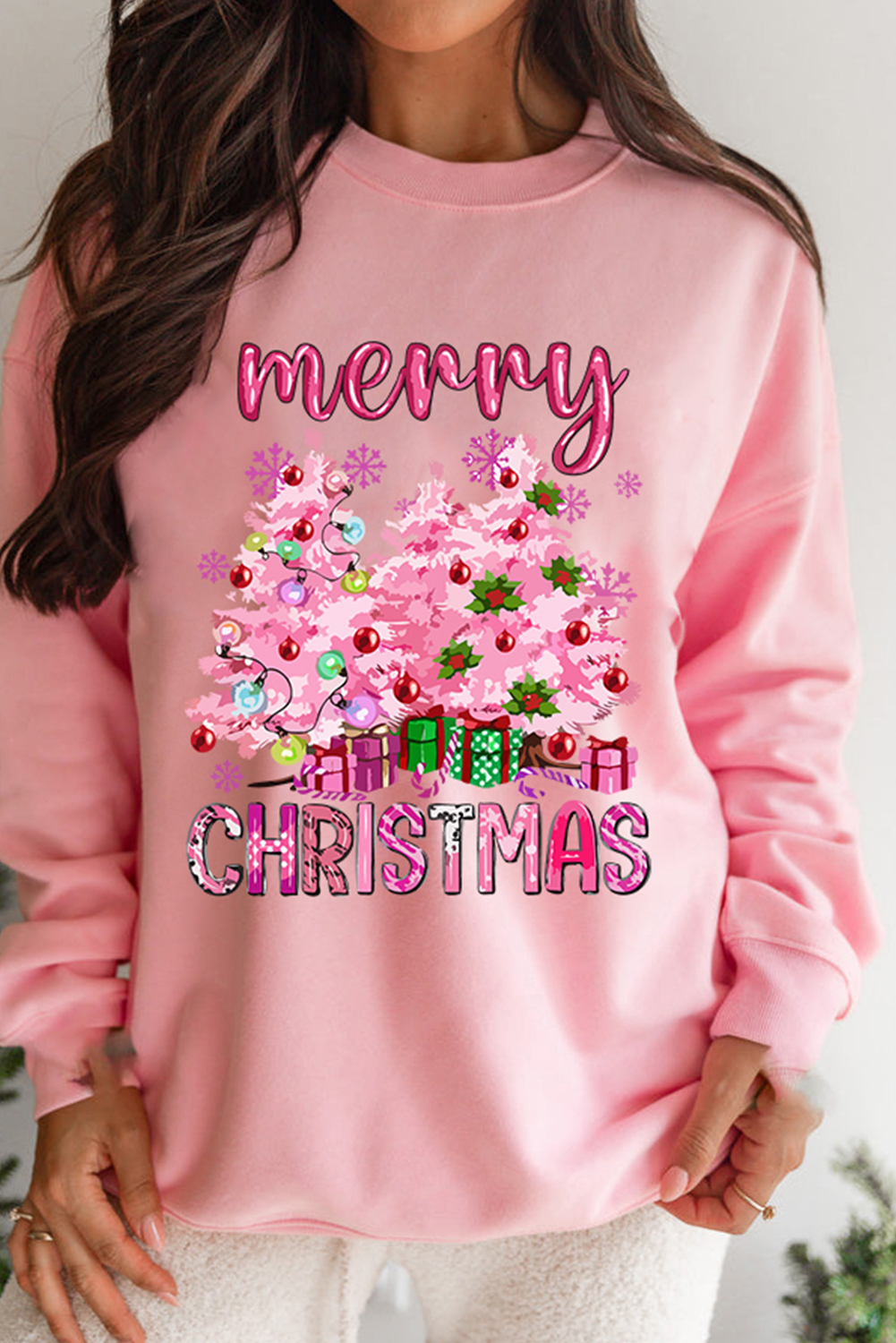 Casual Holiday Sweater - Pink Christmas Graphic Crew Neck Pullover - Detail View 6 Casual Holiday Sweater - Pink Christmas Graphic Crew Neck Pullover - Detail View 6