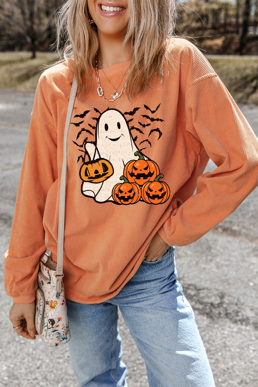 Women's Graphic Sweatshirt, Orange, Halloween, Ghost, Pumpkin, Bat, Corded, Pullover, Casual, Cozy, Soft, Comfortable, Autumn, Winter, Dressy, Party Wear, Halloween Parties, Festival Style, Graphic, Sweaters - Detail View 8 Women's Graphic Sweatshirt, Orange, Halloween, Ghost, Pumpkin, Bat, Corded, Pullover, Casual, Cozy, Soft, Comfortable, Autumn, Winter, Dressy, Party Wear, Halloween Parties, Festival Style, Graphic, Sweaters - Detail View 8