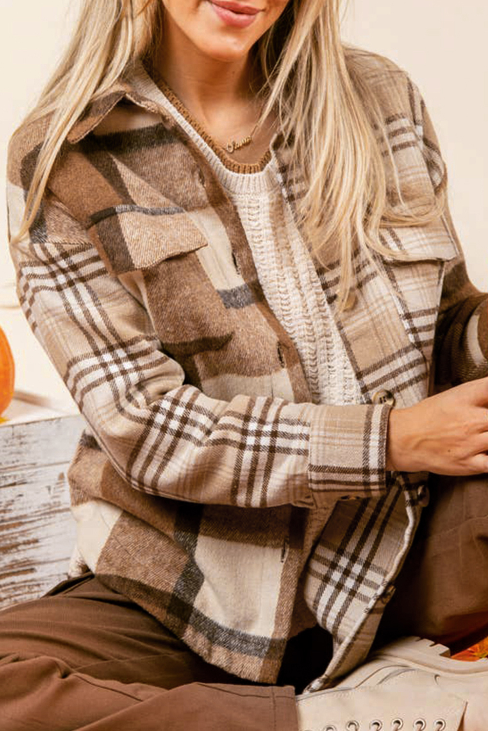 Cozy and Stylish Light French Beige Plaid Shacket with Double Flap Pockets - Detail View 2 Cozy and Stylish Light French Beige Plaid Shacket with Double Flap Pockets - Detail View 2