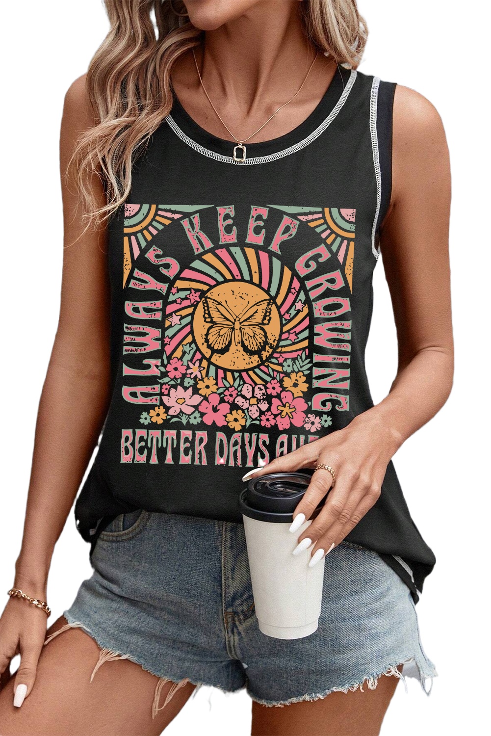 Casual Sleeveless Tank Top: Black Butterfly and Floral Print - Detail View 2 Casual Sleeveless Tank Top: Black Butterfly and Floral Print - Detail View 2