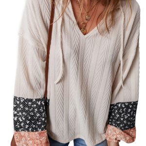 Women's Beige Floral Patchwork Textured Knit Drawstring V Neck Blouse - Main View