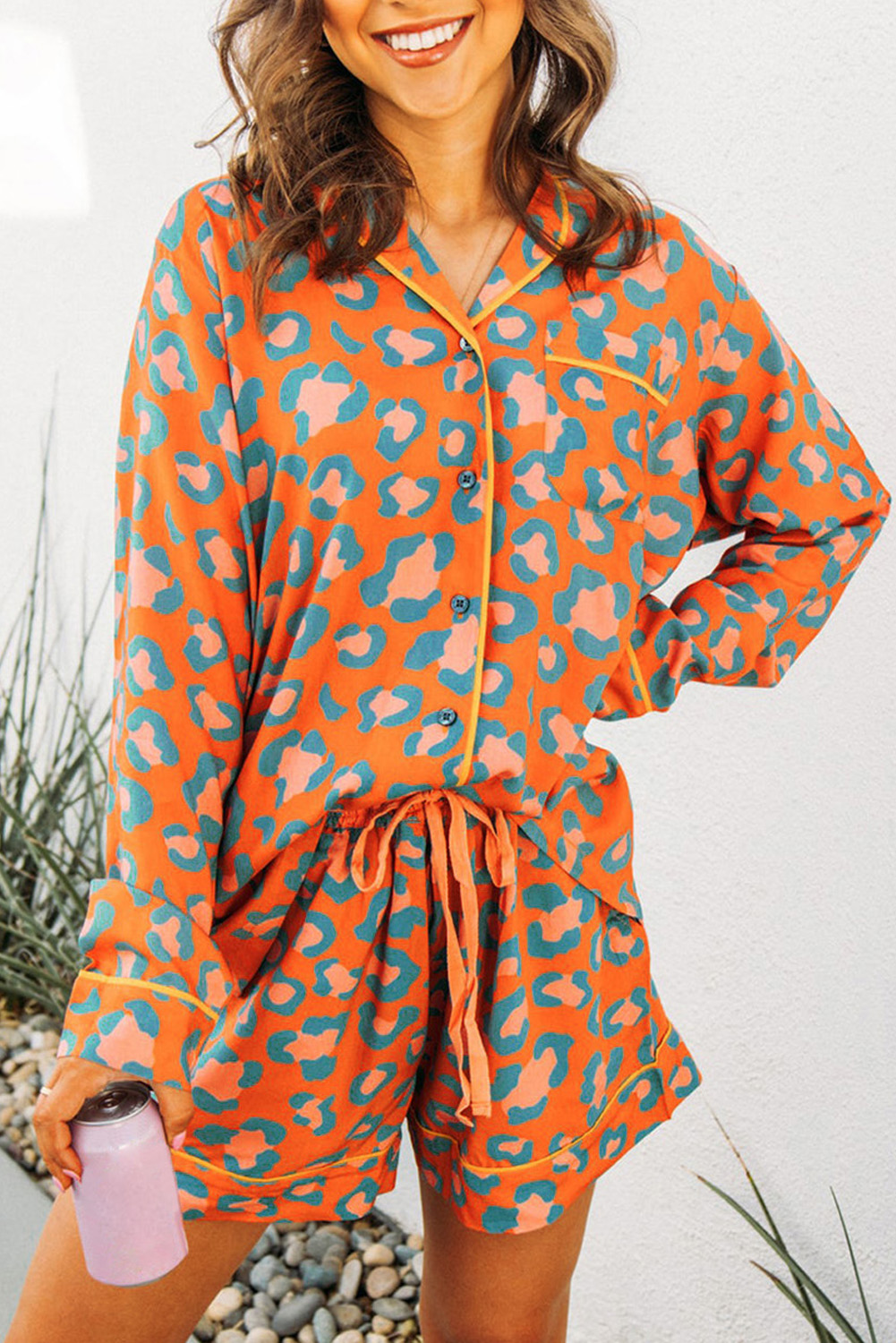 Cozy Leopard Print Sleepwear - Long Sleeve Shirt & Drawstring Shorts Pajama Set for Women - Detail View 2 Cozy Leopard Print Sleepwear - Long Sleeve Shirt & Drawstring Shorts Pajama Set for Women - Detail View 2
