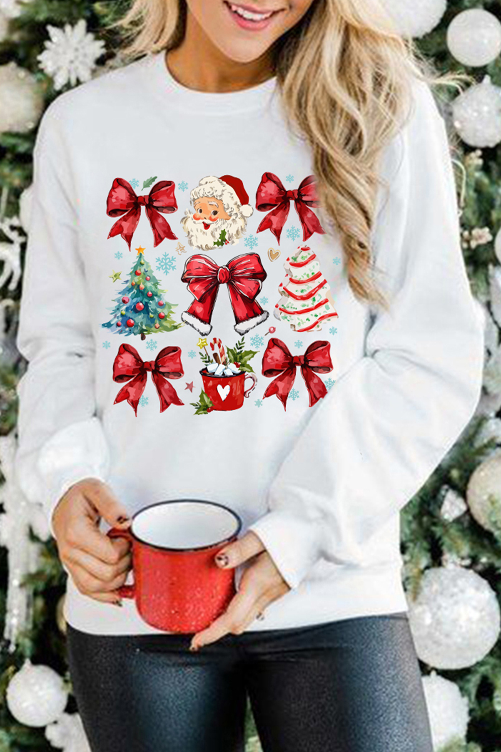 Festive Beige Graphic Sweatshirt with Santa Clause and Christmas Tree Design - Detail View 2 Festive Beige Graphic Sweatshirt with Santa Clause and Christmas Tree Design - Detail View 2