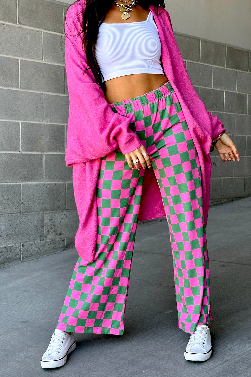 Retro-Inspired Wide Leg Pants with High Waist and 2-Tone Checked Print - Detail View 2 Retro-Inspired Wide Leg Pants with High Waist and 2-Tone Checked Print - Detail View 2