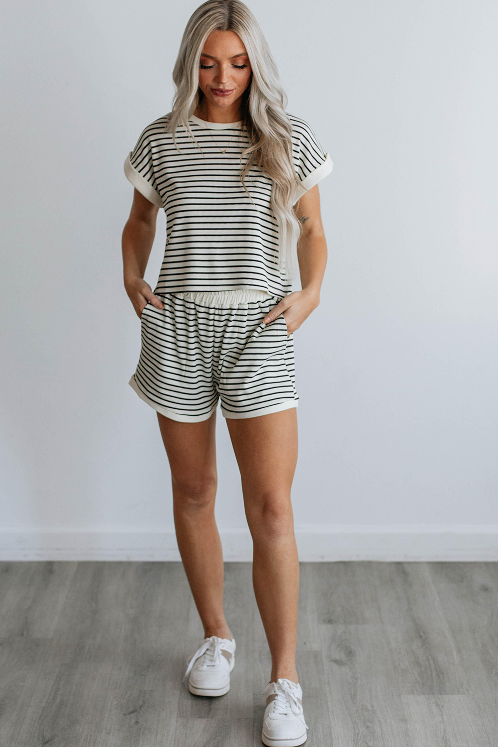 Summer Striped Lounge Set, Women's Casual Ribbed Two Piece Outfit - Detail View 5 Summer Striped Lounge Set, Women's Casual Ribbed Two Piece Outfit - Detail View 5