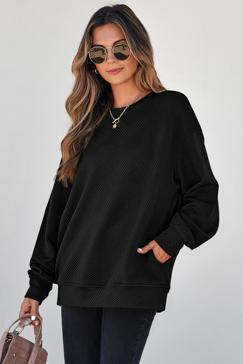Women's Drop Shoulder Sweatshirt, Cozy Textured Knit - Detail View 3 Women's Drop Shoulder Sweatshirt, Cozy Textured Knit - Detail View 3