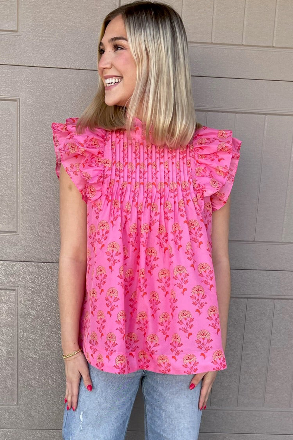 Rose Red Floral Blouse with Ruffled Sleeves - Whimsical and Feminine Design - Detail View 7 Rose Red Floral Blouse with Ruffled Sleeves - Whimsical and Feminine Design - Detail View 7
