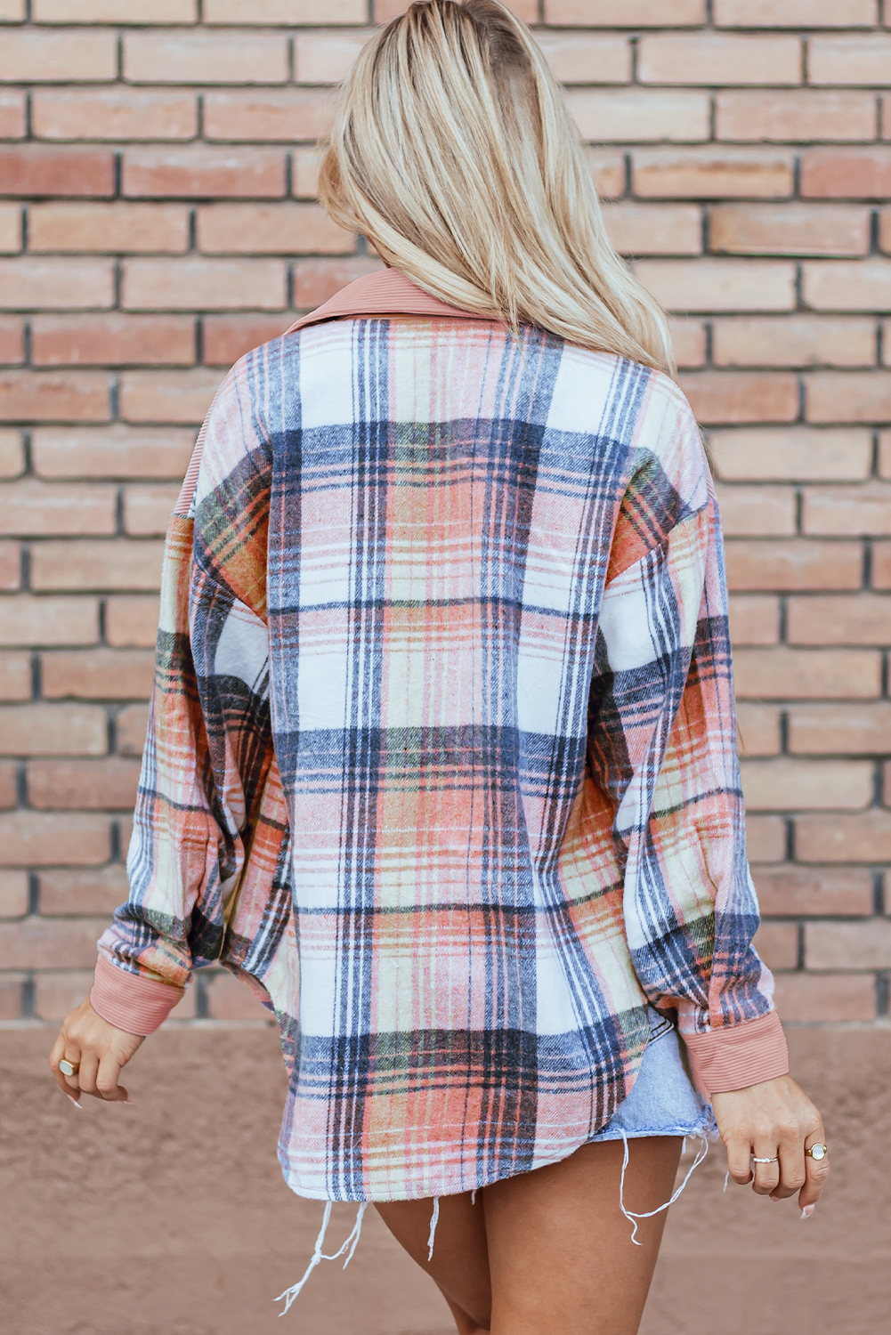 Casual Patchwork Plaid Shacket, Button Down Corduroy Top - Detail View 2 Casual Patchwork Plaid Shacket, Button Down Corduroy Top - Detail View 2