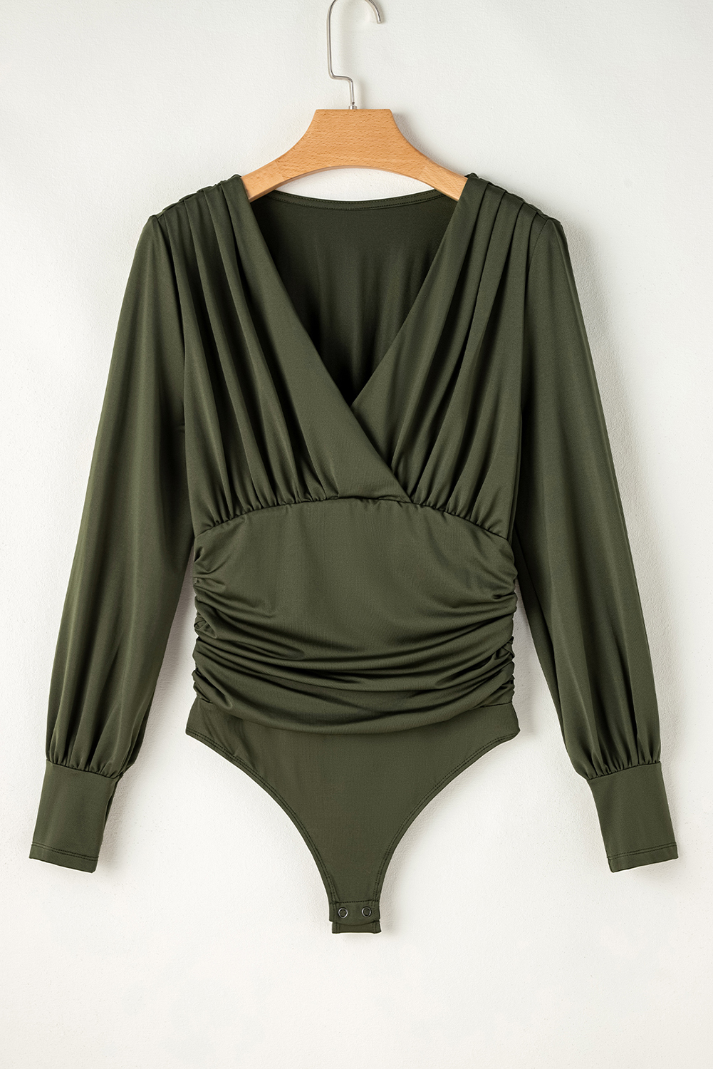 Elegant Bodysuit with Ruched Detailing - Moss Green - Detail View 7 Elegant Bodysuit with Ruched Detailing - Moss Green - Detail View 7