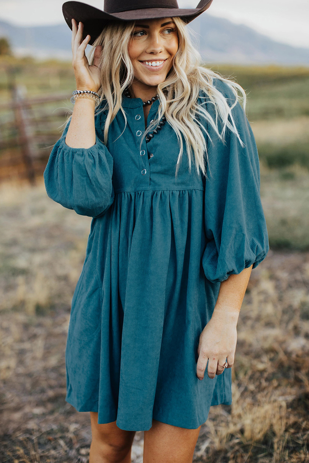 Women's Blue Corduroy Empire Waist Dress with Snap Buttons - Detail View 6 Women's Blue Corduroy Empire Waist Dress with Snap Buttons - Detail View 6