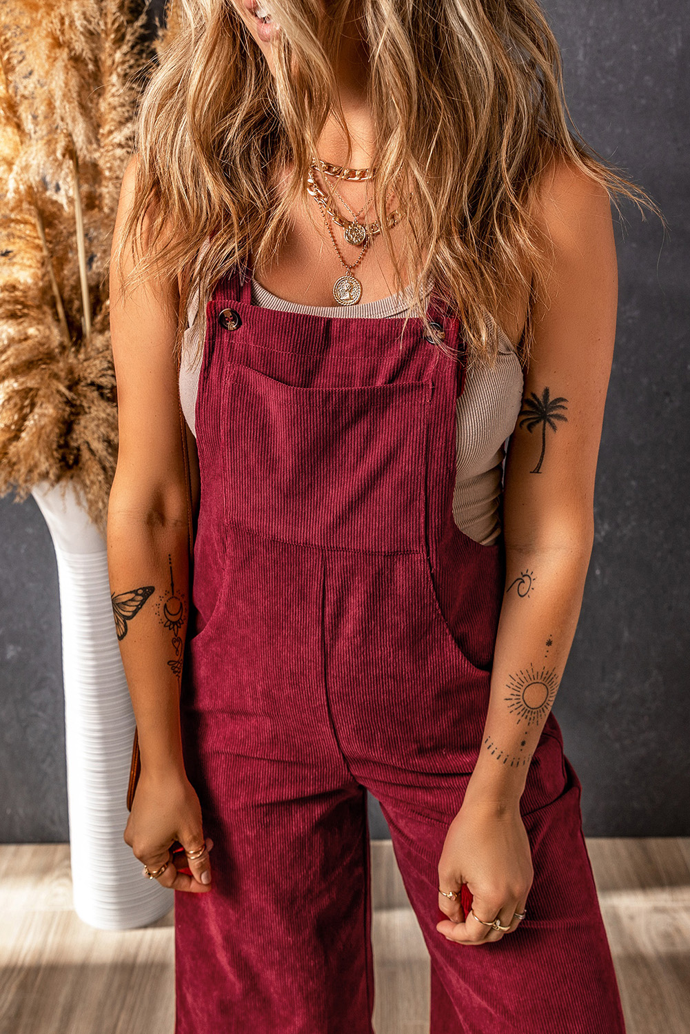 Women's Red Corduroy Overalls, Relaxed Wide Leg Jumpsuit - Detail View 7 Women's Red Corduroy Overalls, Relaxed Wide Leg Jumpsuit - Detail View 7