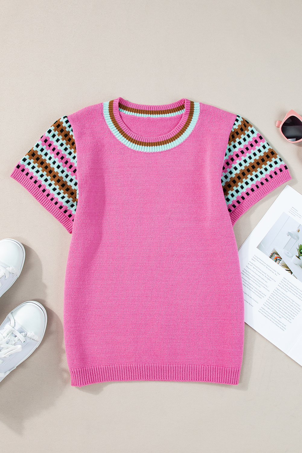 Women's Bright Pink Short Sleeve Colorblock Crewneck Sweater - Detail View 6 Women's Bright Pink Short Sleeve Colorblock Crewneck Sweater - Detail View 6